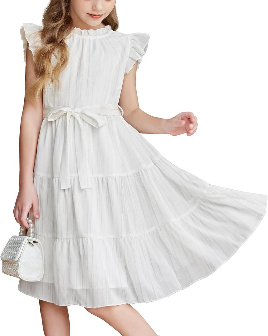 Arshiner Tween Girls Summer Dress Formal Ruffle Sleeve A Line Casual Elegant Dresses with Belt (White) 14