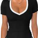 Sampeel Short Sleeve Shirts for Women V Neck Summer Ribbed Tshirts 2026 Slim Fit Spring Fashion Going Out Basic Tees (X-Large, Color Block (Black & White)