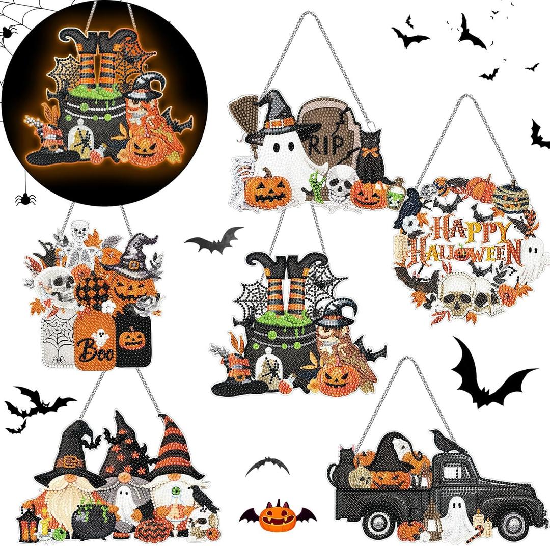 6 Pcs Halloween Diamond Art Painting Kits Hanging Sign Set Witch Pumpkin Gnome Glow in The Dark Diamond Art Painting Kits Halloween Hanger Adult 5d DIY Craft for Wall Door Window Porch Decor (Boo)