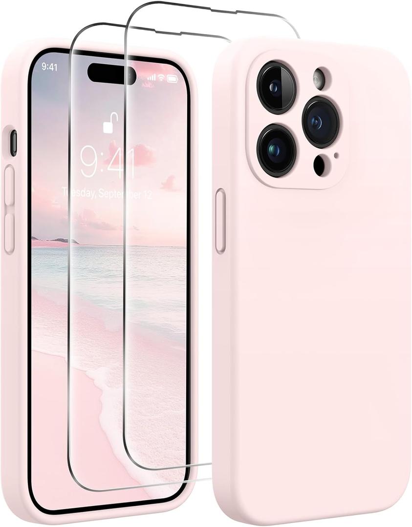 AOTESIER Magnetic for iPhone 14 Pro Case, Upgraded [Camera Protection] [Compatible with MagSafe] Food Grade Silicone Phone Case with [2 Screen Protectors], 6.1 inch, Chalk Pink