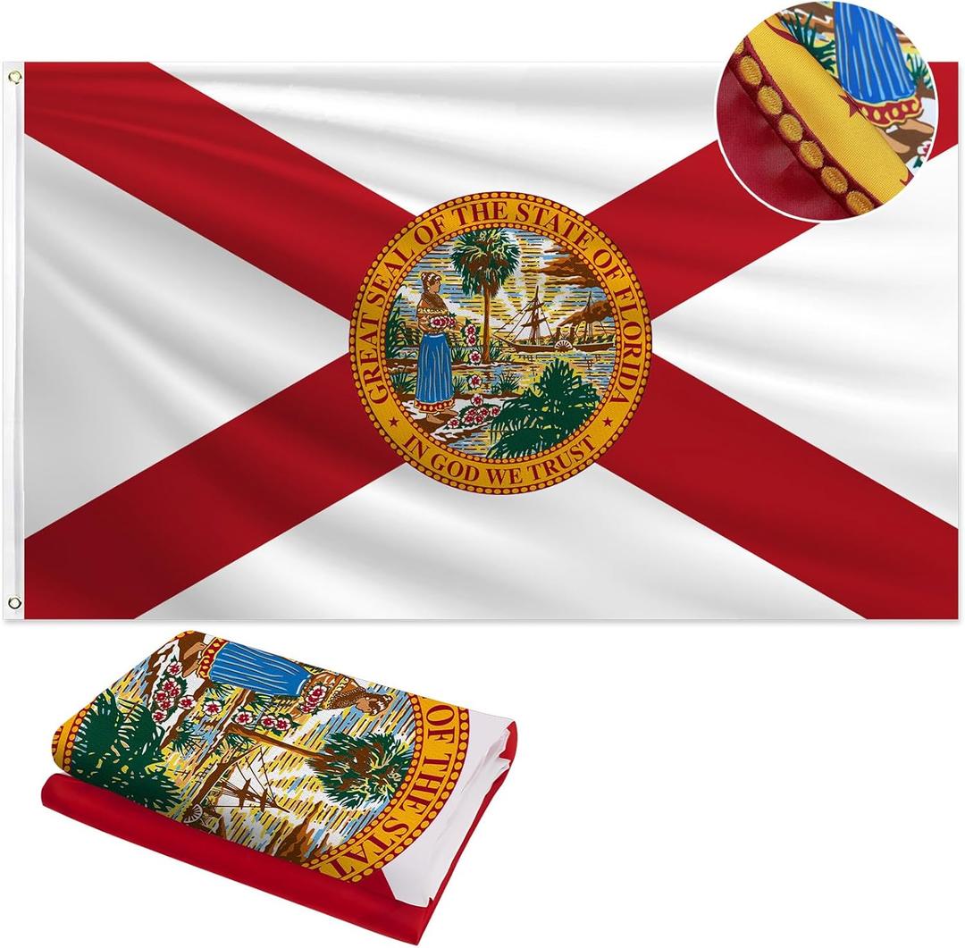 Florida Flag 3x5 FT Outdoor, Heavy Duty 210D 3-Ply Fabric | Embroidered Seal and 4 Rows Stitching Fly Ends with 2 Brass Grommets | State of Florida FL Flag Sunshine State for Wall Indoor