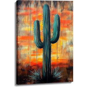 Cactus Wall Art Saguaro Picture Southwestern Art Arizona Desert Sunset Painting Wood Background Poster Succulent Boho Canvas Prints Living Room Wall Decor Framed (Cactus-13,16.00"x24.00") 24"L x 16"W