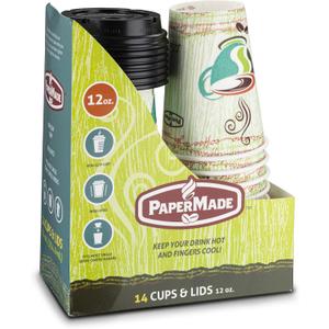 PaperMade Disposable Insulated 12 Oz, 14 Count To Go Designed Hot Cups With Black Dome Lids, For Drinking Coffee, Tea, Or Any Hot Beverage, Throw Away, Travel, Spill Free