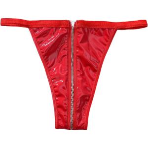 SHENHE Women's Glossy Metallic Faux Leather Elastic Waist Sexy Zipper Crotch Thong Lingerie Panties (Red, XL)