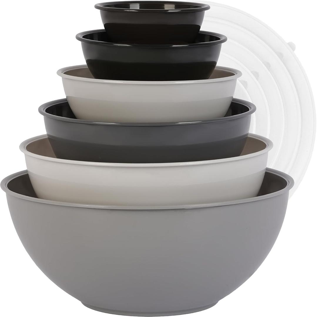 BoxedHome BPA Free Plastic Round Mixing Bowl with Lids, 12 Pack Nesting Bowls with Lids Set, Microwave and Dishwasher Safe Prep & Serving Bowls Great for Mixing, Baking, Serving (Grey, 12pcs)
