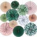 2 x Thenshop 12 Pcs Sage Green Hanging Paper Fans Boho Hanging Ceiling Decoration Vintage Floral Round Paper Fans Garden Themed Party Decor for Tea Party Wedding Garden Bridal Birthday Indoor Outdoor
