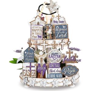 Amyhill 29 Pcs Easter Tiered Tray Decor Purple He is Risen Religious Wooden Sign Rustic Farmhouse Christian Lily Cross Block Easter Decoration for Home Table Kitchen Shelf Indoor