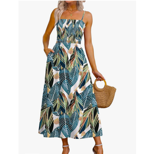 OFEEFAN Womens Spaghetti Strap Maxi Dresses Smocked with Pockets 2026 Summer Spring Casual Boho Beach Long Sundresses,M