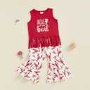 Kids Toddler Baby Girl Crawfish Boil Outfit Red Tassel Shirts with Flare Pants Set 2Pcs Summer Clothes, 2-3Y