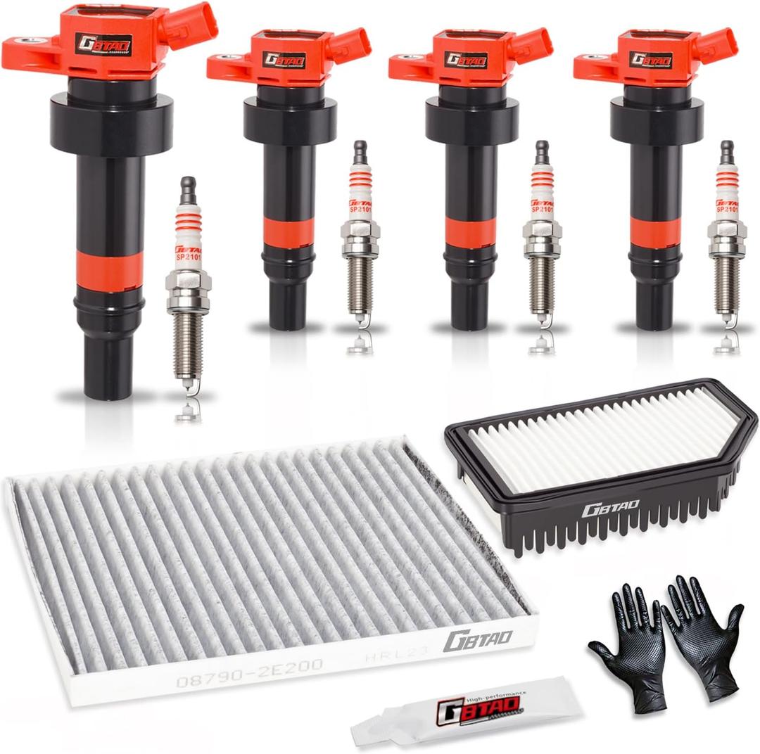GBTAD Set of 4 Upgraded Ignition Coil Pack & Spark Plug & Engine & Cabin Air Filter for 1.6L L4 2012-2017 Hyundai Accent, 2013-2017 Hyundai V-eloster, 2012-2017 Kia Rio Replaces UF652