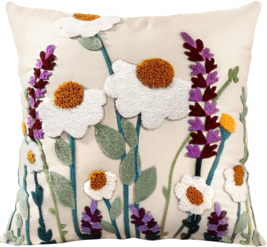 Embroidered Throw Pillow Cover - 20x20 Decorative Pillow Cover with Zipper Aesthetic Cute Design Boho Spring Summer Throw Pillowcase for Living Room Couch Sofa Bed, Wild Floral