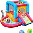 Step4Fun Inflatable Bounce House, Kids Castle Slide Bouncer for Children Jumping Outdoor and Indoor Party, Baby Backyard Water Jumper Toy with Blower, Ball Pit Pool, Ideal Gifts（112 x 98 x 65”）