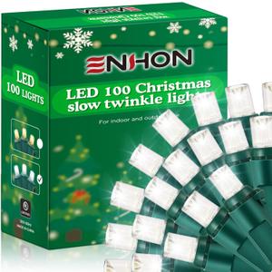 Enhon Slow Twinkling Christmas Light, 100 Lights 35 Ft Twinkle Pulsing Christmas, 5mm LED Wide Angle Soft Random Shimmering Set with Green Wire(Cool White,1 Pack) (Cool White)