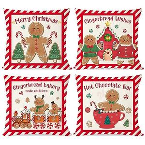 PANDICORN Christmas Pillow Covers 18x18 Set of 4 Gingerbread Man House Candy Cane Christmas Decorations Hot Cocoa Red Green Winter Holiday Decorative Throw Pillow Case for Home Couch Living Room Decor
