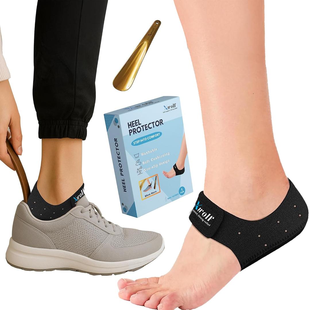 XWOLF Plantar Fasciitis Heel Protectors with Shoe Horn, Heel Cups for Heels Spur & Achilles Pain Relief, Cracked Heels, Reusable Foot Cushions for Men & Women (Large W 8-10 / M 8-10)