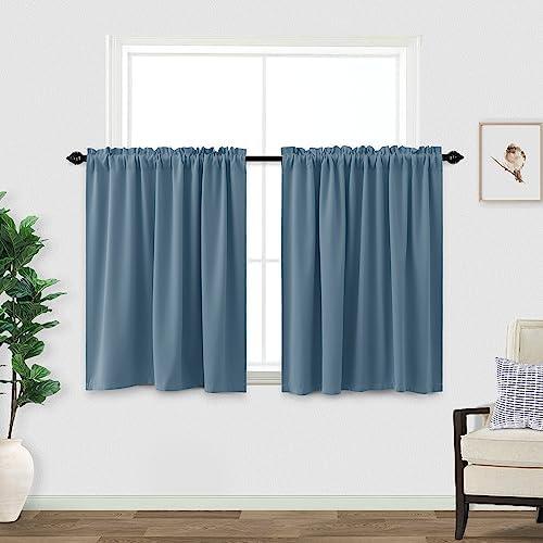 KOUFALL Blue Kitchen Window Curtains Over Sink,Small Blackout Short Rustic Farmhouse Dining Room Curtains 36 Inch Length,Gray Stone Blue