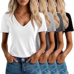 Neer 4 Pack Women's V Neck T-Shirts Short Sleeve Summer Casual Tops Loose Fit Flat Hem Plain Basic Tees, M