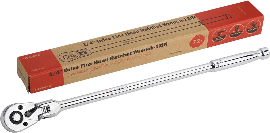 1/4-Inch Drive Flex Head Ratchet, 72 Tooth Quick Release Swivel Head Ratchet - 12" (305mm) Long Handle