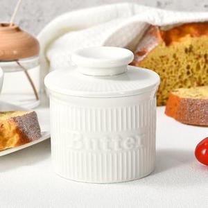 Butter Crock with Lid for Countertop, Ceramic French Butter Dish for Spreadable Butter, Ribbed Butter Keeper with Embossed Water Line, Housewarming Gifts, Elegant Kitchen Decor & Kitchen Accessories