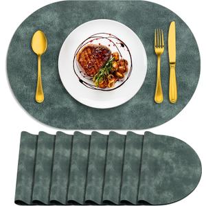ADRIMER Placemats, Heat Resistant Oval Placemats Set of 8 Washable 12 x 17 Inch, Waterproof Table Mats, Wipeable Pu Place Mats for Kitchen, Dining Room, Blue & Green