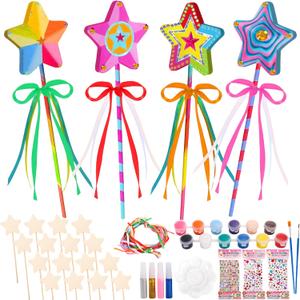 Mezchi 70Pcs Wooden Princess Fairy Wand DIY Kit, Crown Magic Wand Crafts Set with 16 Unfinished Wooden Wands, 32 Ribbon, 12 Colors Paint, Gems, Glitter Glue for Party (Small)