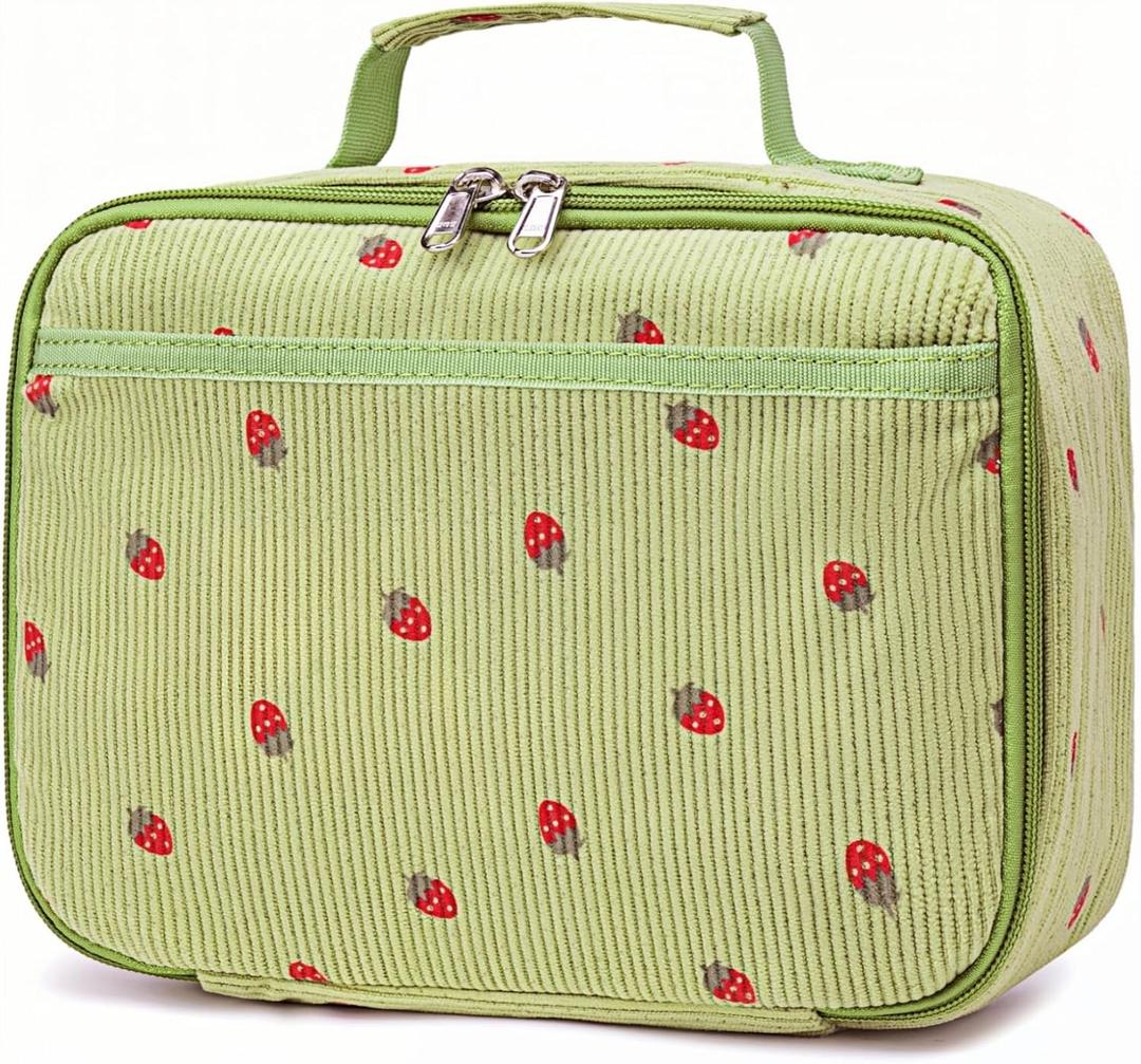 Bluboon Kids Girls Lunch Bag Insulated Lunch Box for school Corduroy Lunch Cooler Organizer School Kids Lunch Tote (Corduroy-Strawberries-Green)