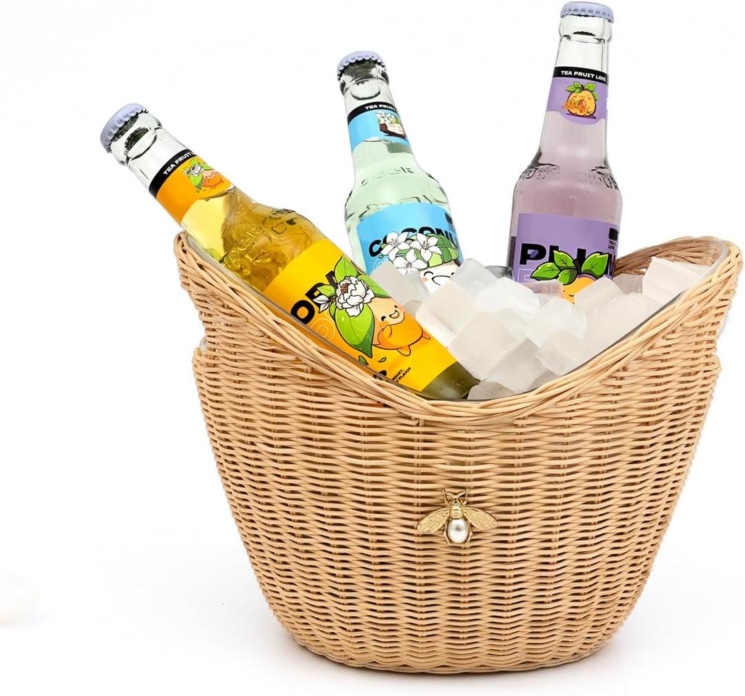 Lexenic Ice Bucket with Handle, Woven and Acrylic Double Layer Busket Design, 4L Champagne Wine Bucket for Cocktail Bar, Parties- Anti Frozen Hands Anti Water Leakage (Kita)