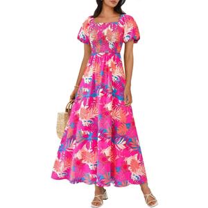 BTFBM Womens Spring 2026 Casual Maxi Dresses Short Sleeve Smocked Tiered Floral Boho Long Beach Dress with Pockets (S)