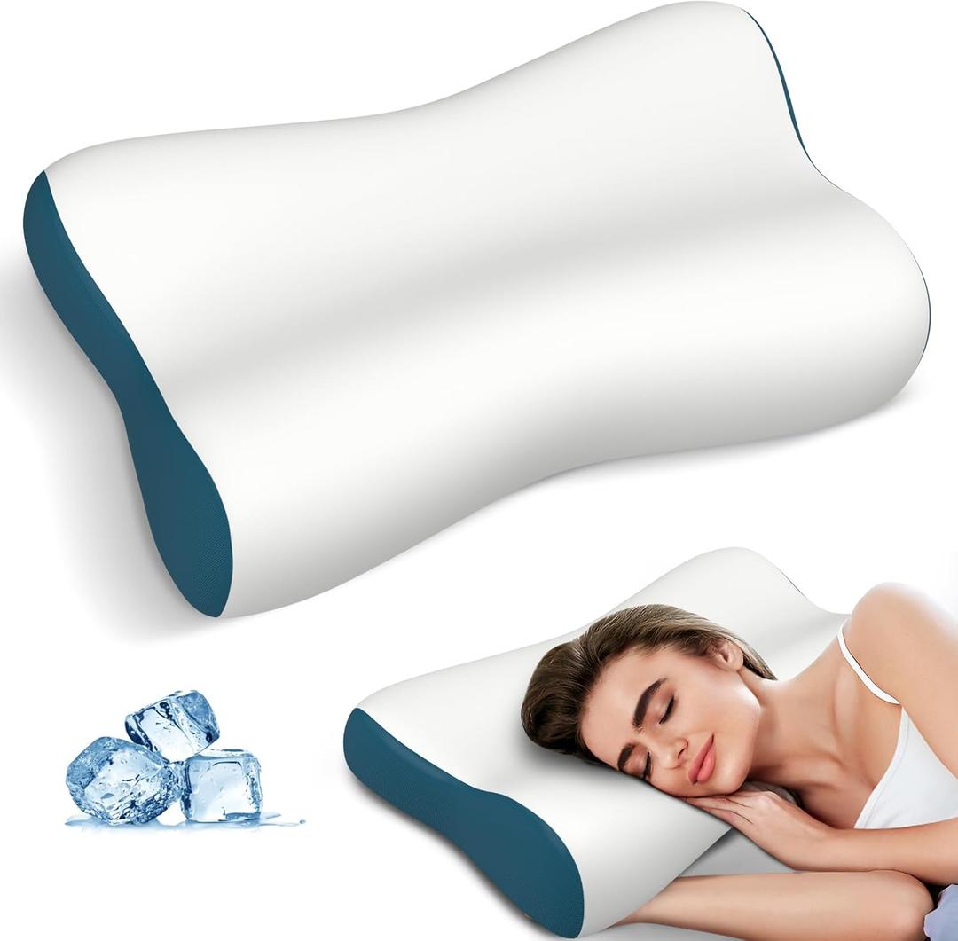 Cervical Neck Pillow for Pain Relief, Contour Memory Foam Pillows for Sleeping, Ergonomic Pillow Orthopedic Cooling Pillow Bed Pillow Neck Support for Side Back Stomach Sleepers (White&blue)