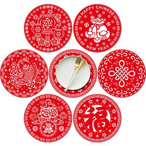 Havawish 48 Pcs Chinese New Year Placemats 2026 Decorations Lunar New Year Paper Place Mat Disposable 13 Inch Round Red Happy Horse Table Mat for Spring Festival Party Decor Kitchen Dining