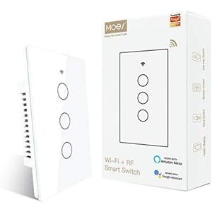 MOES 2.4GHz WiFi Wall Touch Smart Switch Neutral Wire Required, 3 Way Multi-Control, Glass Panel Light Switch Work with Smart Life/Tuya App, RF433 Remote Control, Alexa and Google Home White 3 Gang