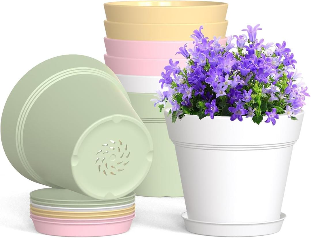4 Inch Plastic Plant Pots with Drainage Holes and Trays  8 Pack Small Nursery Pots for Indoor & Outdoor House Plants and Flowers, Seedling Starter Planters, Colorful (Multicolor)