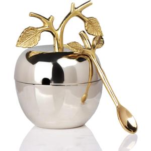 Silver Honey Jar Dish, Apple & Leaf Honey, Jam Server with Dipper Spoon Ideal for Serving Honey, Jams, Jellies, Gorgeous Gold Leaf Spoon, Stainless Steel & Brass, Everyday Rosh Hashanah & any Occasion