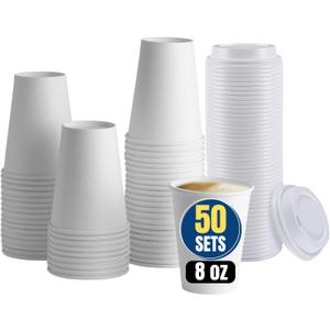 8 oz Coffee Cups With Lids Disposable Paper Coffee Hot Cups (50 Cup & 50 Lids) (100 Piece Set)