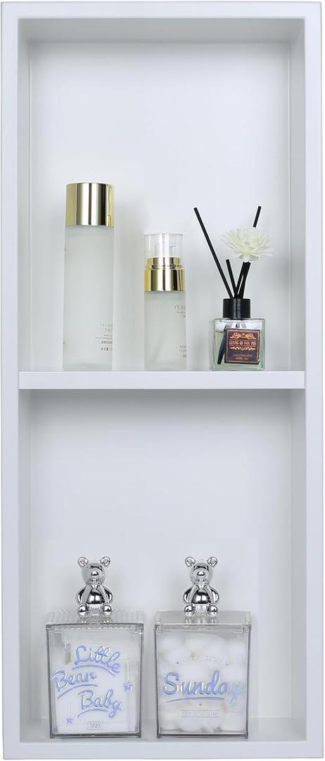 Narrow Shower Niche for Tiny Shower Room Storage, Insert Tile Ready, Double Shelves, Stainless Steel,(White, 24 * 8 in)