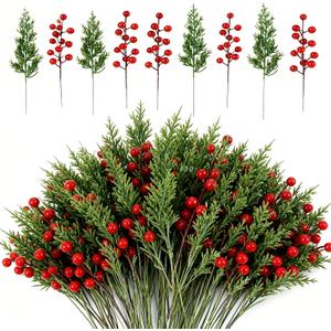 Artificial Christmas Pine Branches with Red Berry Stems-Set of 45 Greenery Stems and 15 Berry Picks for Xmas Wreaths, Garlands, Table Centerpieces, DIY Holiday Crafts, Fireplace & Home Decoration