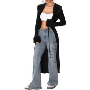 SOLY HUX Long Cardigans for Women Fur Trim Fuzzy Open Front Long Sleeve Tie-up Y2k Knitted Sweater Coats (Large, Pure Black)