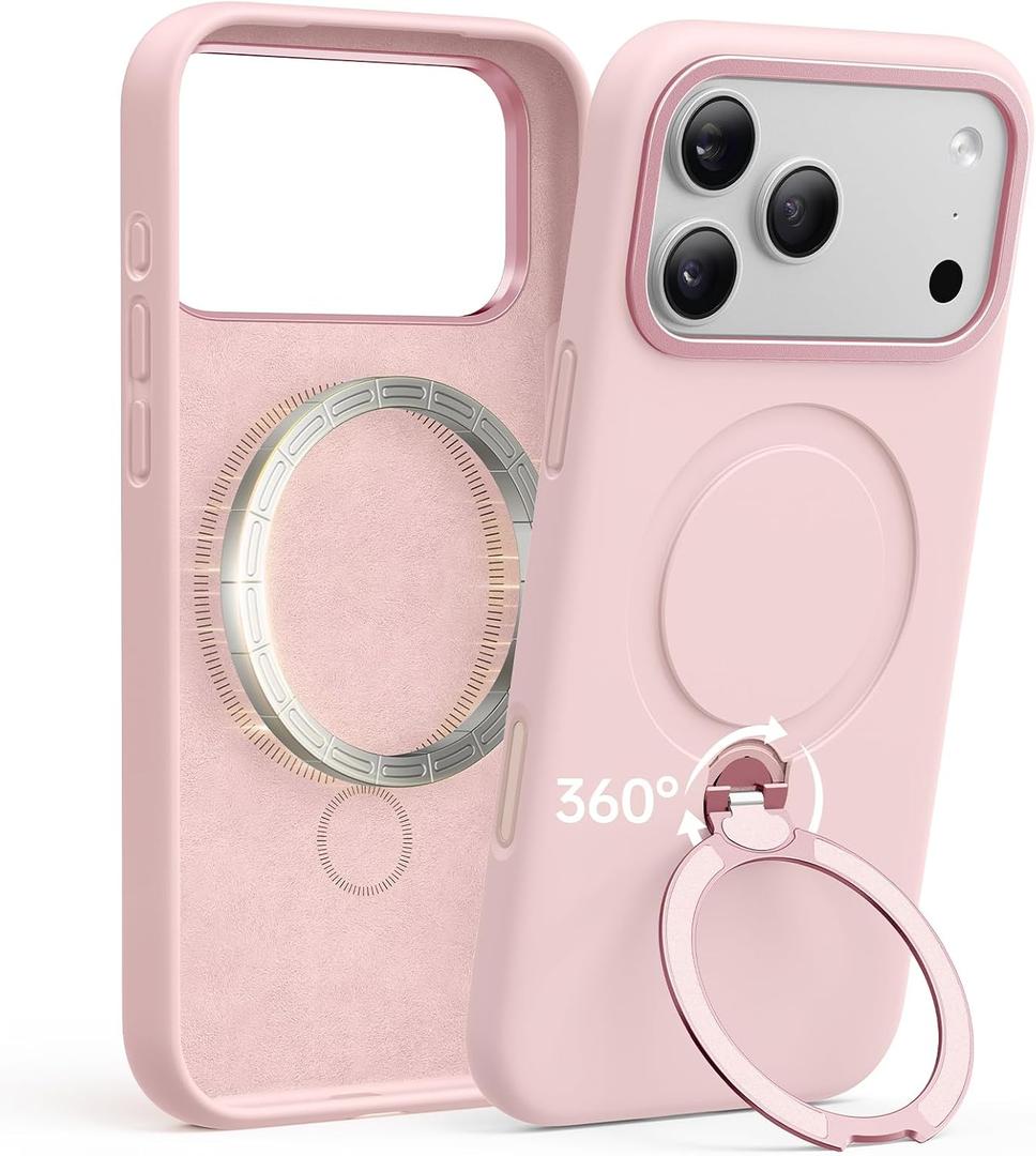 Liquid Silicone for iPhone 17 Pro Case, Fit for MagSafe, 360 Spin Stand, Soft Liquid Silicone Cozy Grip, Camera Control, Protective Case for iPhone 17 Pro for Women Girl, Pink