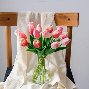 Pink Tulips Artificial Flowers with Vase, 15 Pcs Faux Tulip Stems in Vase, Real Feel PU Flowers Arrangement Suitable for Kitchen Living Office Spring Decor, Centerpiece Table Decorations