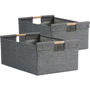 2PCS Storage Bins Cotton Linen Fabric Storage Boxes Basket with Wooden Handles Foldable Washable Decorative Shelf Container Clothes Organizer Home Laundry - Small Size, Gray