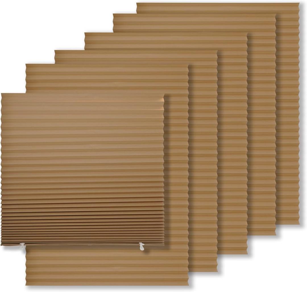 MYshade 6 Pack Temporary Blackout Paper Shades for Windows,Paper Pleated Blinds with Adhesive,No Tools No Drilling Free Cut Size Temporary Room Darkening Shades(Brown, 48" W x 72" H)