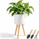Plant Stand for Indoor Plants, Metal Planter Stand with Wooden Legs, White Flower Plant Pot Holder for Living Room, Office, Bedroom, Modern Home Decor
