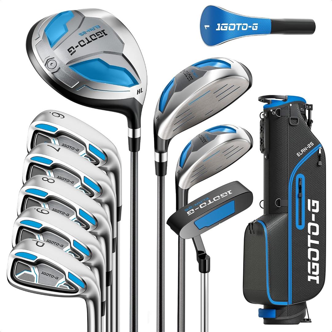 1GoTo-G 11 Pieces Golf Clubs Set for Men & Women - Complete Golf Clubs Full Set Includes Stand Bag with Rain Hood, 1# Drive, 3# Wood, 5# Hybrid, 6# 7# 8# 9# PW# Irons and Putter, Blue - Men’s, Right
