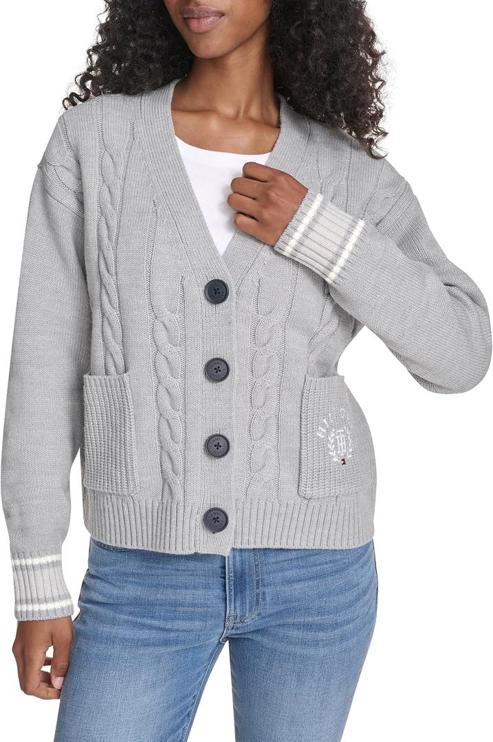 Tommy Hilfiger Womens Boxy Varsity Cable Cardigan (Large, Medium Heather Grey Multi)