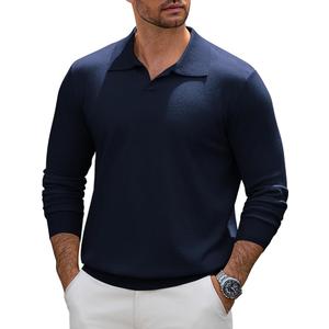 LIFROWI Mens Sweater Knit Polo Golf Shirt Long Sleeve V Neck Knitted Causal Collared Fashion Business Pullover Sweater(L,3-Navy Blue)