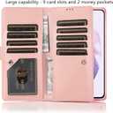 EYZUTAK Wallet Case for Samsung Galaxy S21 FE, Magnetic Handbag Zipper Pocket PU Leather Flip with 9 Card Slots and Wrist Strap Folio TPU Inner Stand Case - Rose Gold