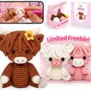 Mewaii Beginner Crochet Kit with 40% Extra Yarn, Pre-Started Yarn & Video Tutorials - 3 Highland Cows Craft Set for Adults & Kids (Brown Pink and White)