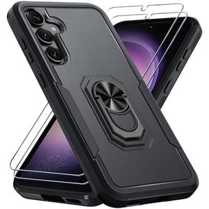 Janmitta Compatible with Samsung Galaxy S23 FE Case with 2 Pcs Screen Protector,Heavy Duty Shockproof Full Body Phone Cover Built in Metal Ring Holder Kickstand,2023 Black Matte