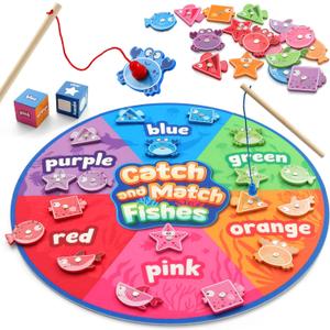 Coogam Montessori Toy for Toddlers, Fine Motor Skill Wooden Magnetic Fishing Game for Year Old Kids, Color and Shape Sorter for Age 3 4 5 Girls Boys Preschool Educational Gift