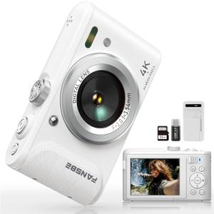 Compact Portable 4K Digital Camera, Travel 4K Digital Camera Pocket, Digital Cameras Autofocus Vlogging Anti-Shake 18X Zoom 64MP 8 Modes 2.8" HD LCD Charger 32GB Card Reader, White